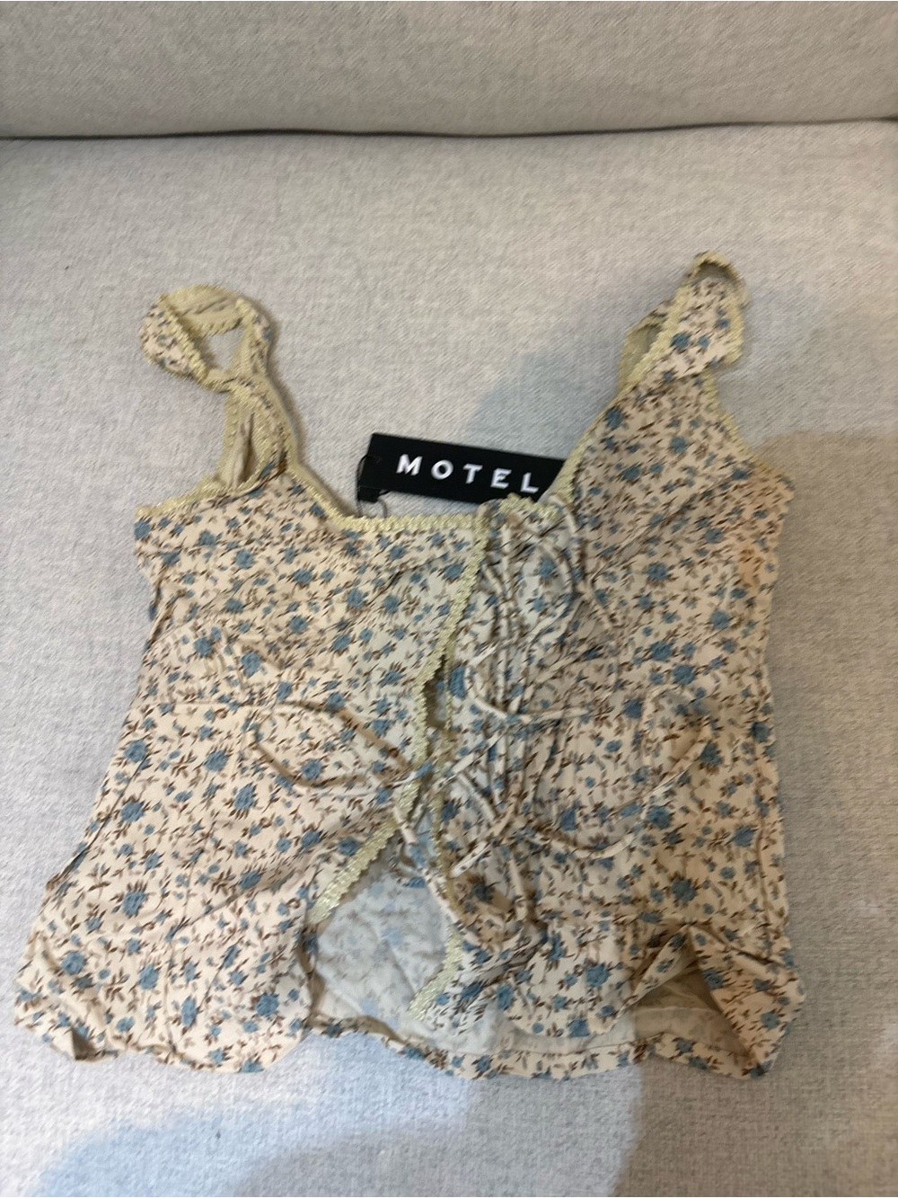 Motel Rocks Cream Floral Lace-Up Cami with Blue Print